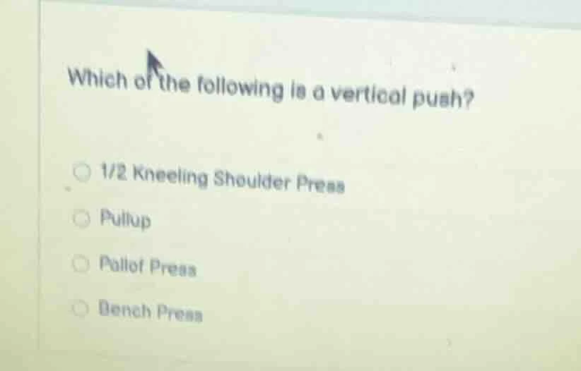which of the following is a vertical push? 1/2 kneeling shoulder press …