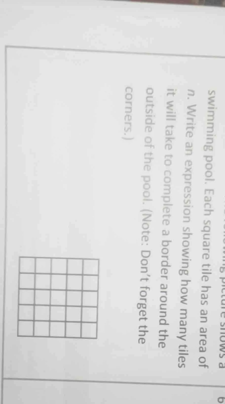 swimming pool. each square tile has an area of n. write an expression s…