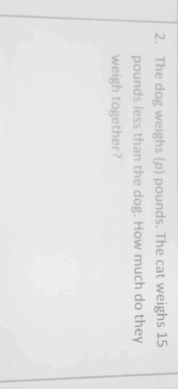 2. the dog weighs (p) pounds. the cat weighs 15 pounds less than the do…