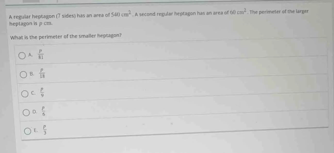 a regular heptagon (7 sides) has an area of $540\\ \\mathrm{cm}^2$. a s…