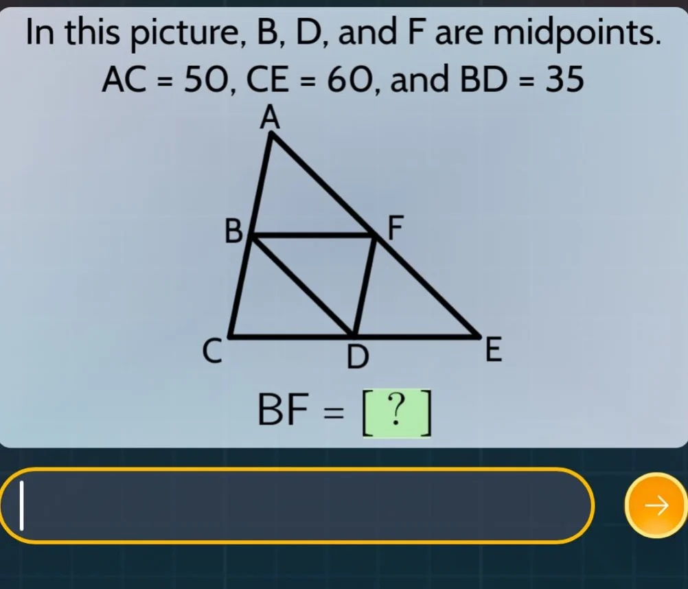in this picture, b, d, and f are midpoints. ac = 50, ce = 60, and bd = …