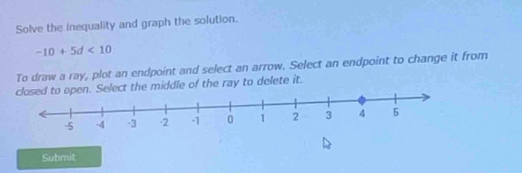 solve the inequality and graph the solution. -10 + 5d < 10 to draw a ra…