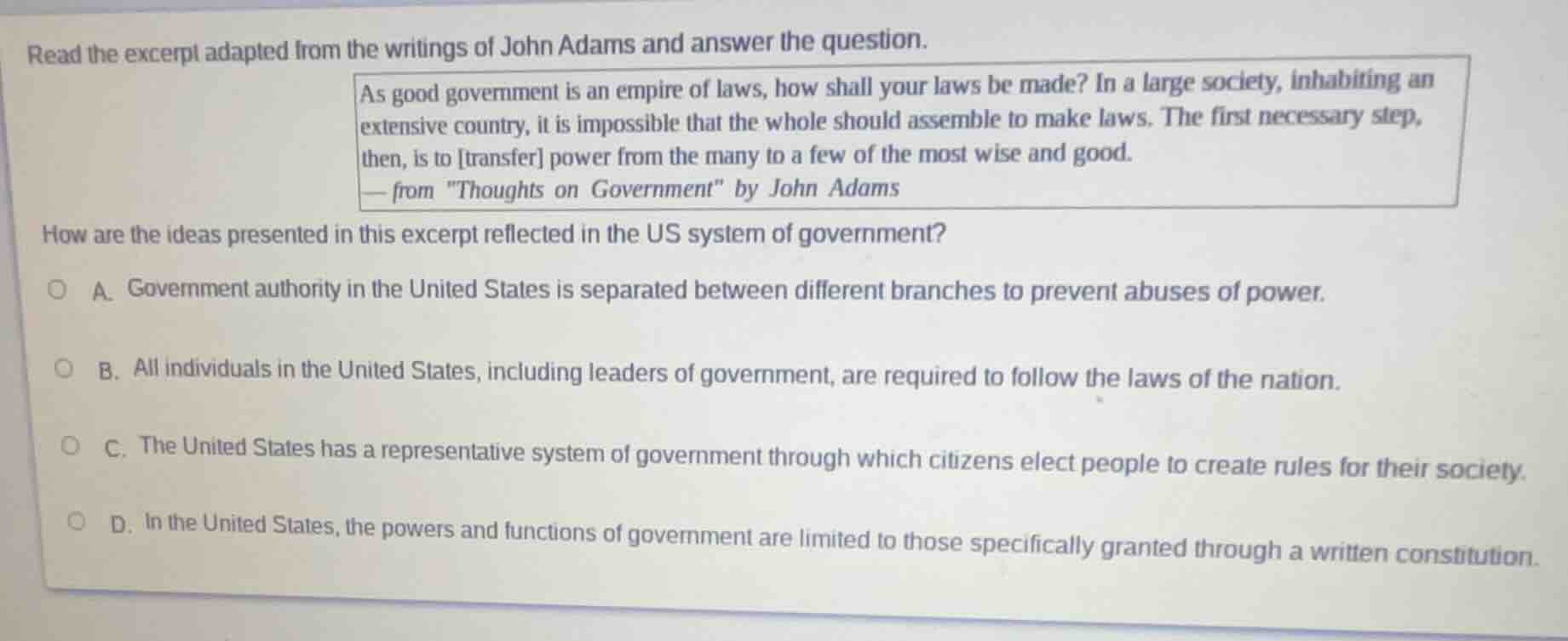 read the excerpt adapted from the writings of john adams and answer the…