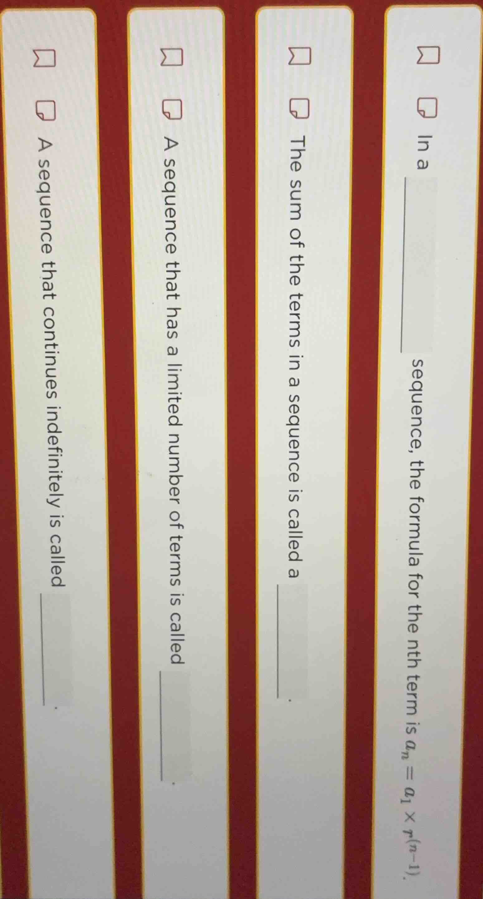 1. a sequence that continues indefinitely is called ______. 2. a sequen…