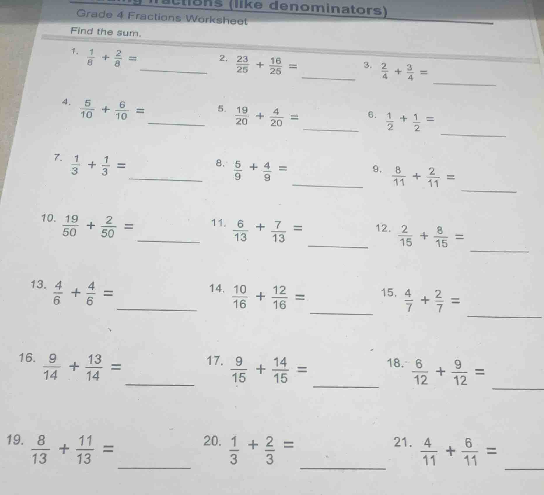 grade 4 fractions worksheet find the sum. 1. \\(\\frac{1}{8} + \\frac{2…
