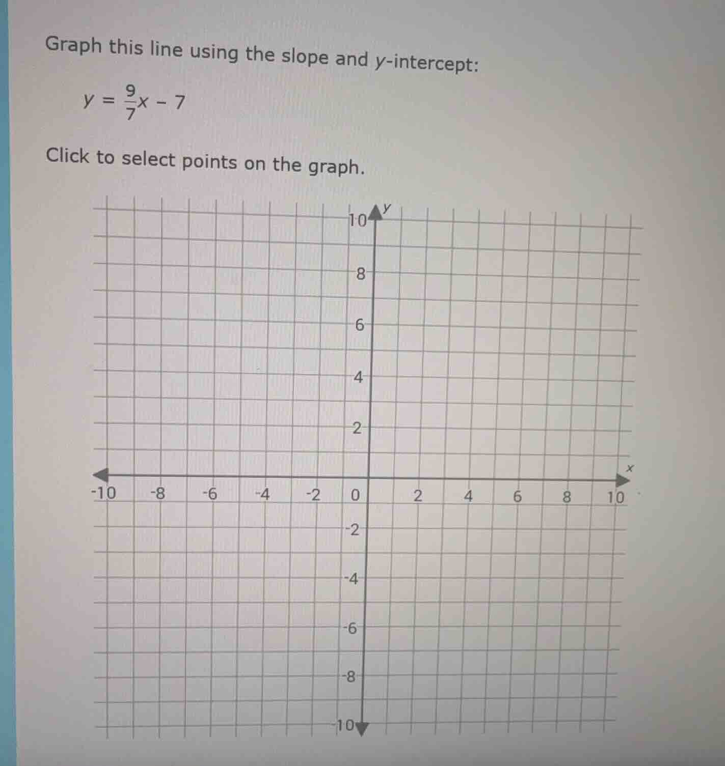 graph this line using the slope and y-intercept: $y = \\frac{9}{7}x - 7…