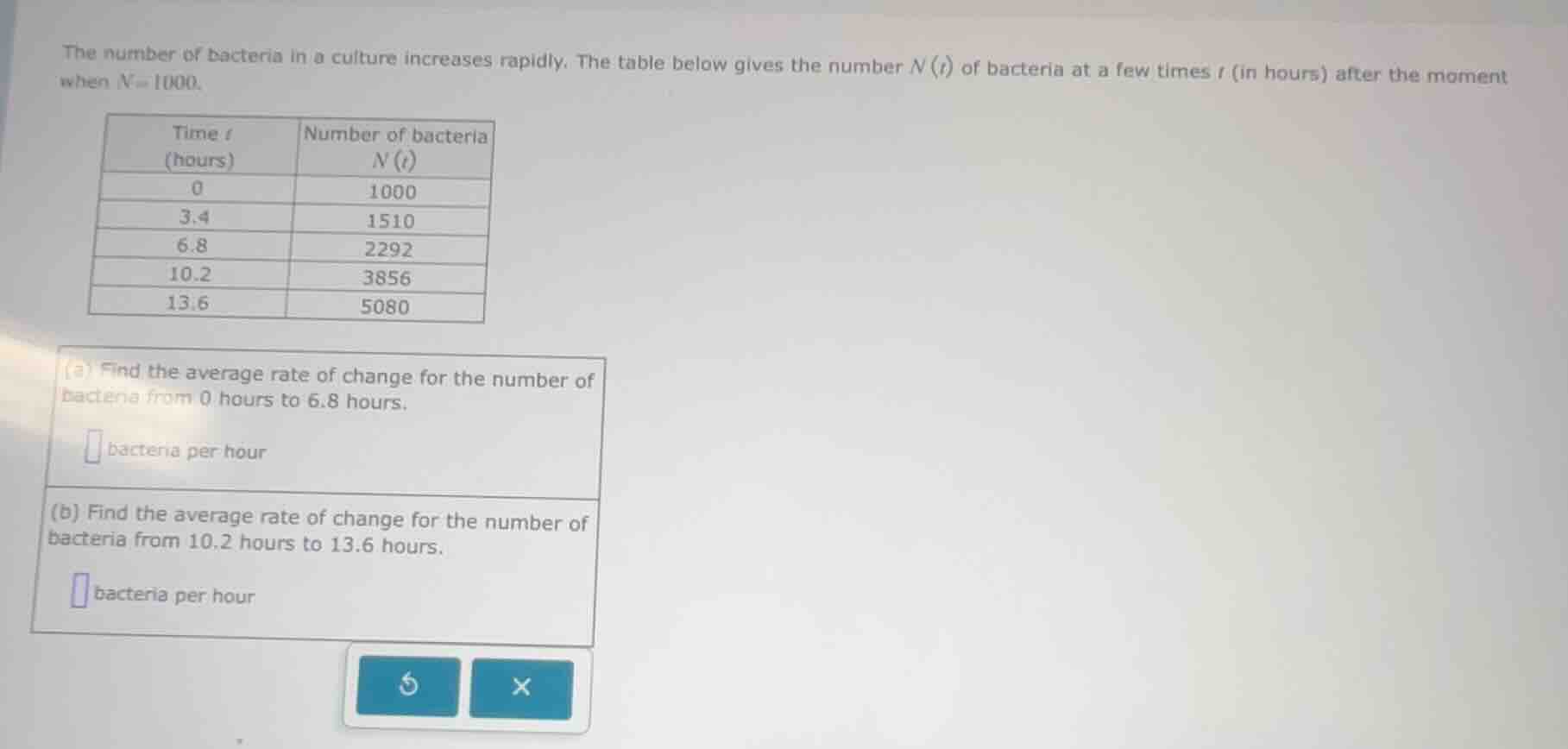 the number of bacteria in a culture increases rapidly. the table below …