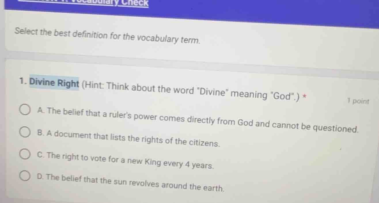 vocabulary check select the best definition for the vocabulary term. 1.…
