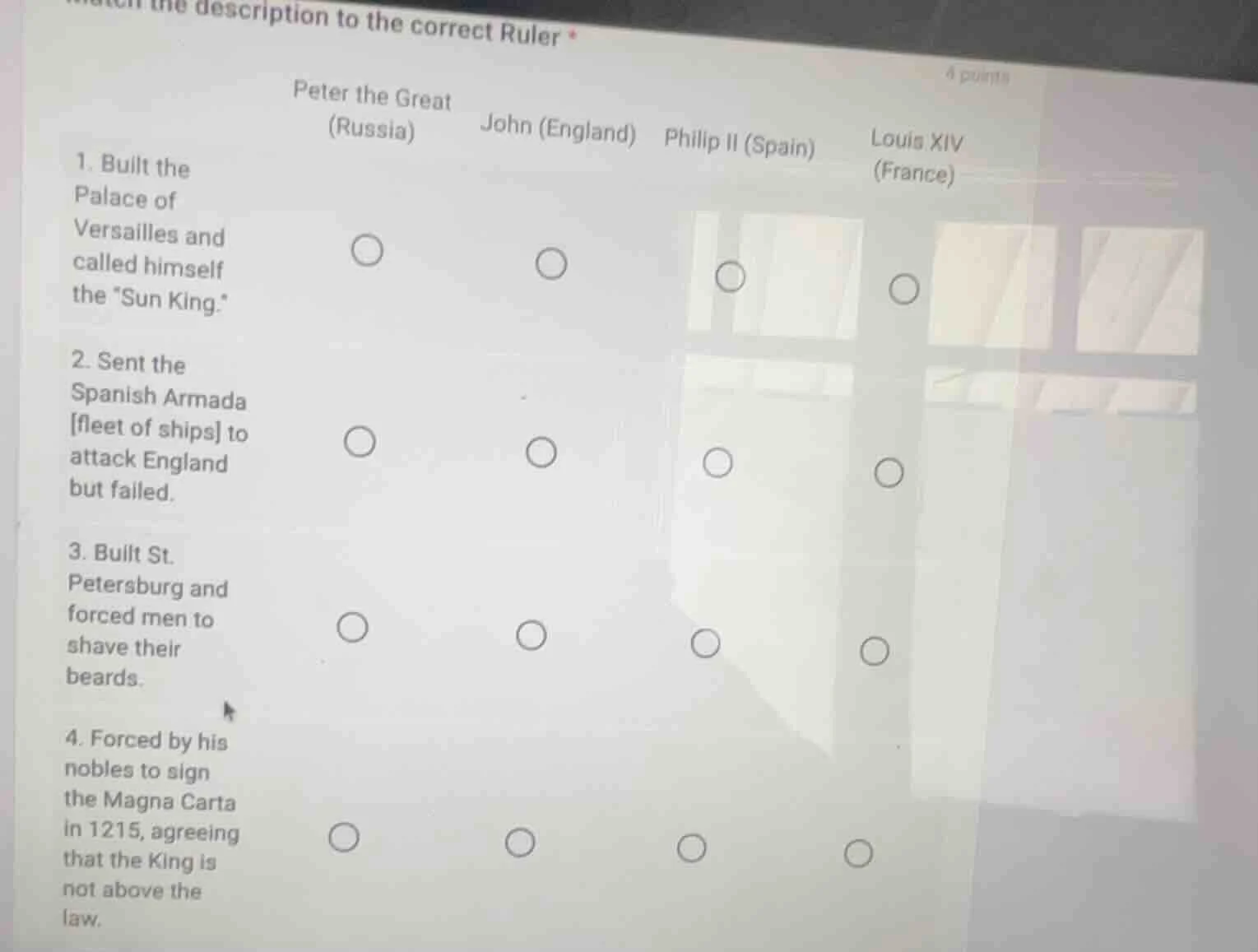 match the description to the correct ruler * 4 points peter the great (…