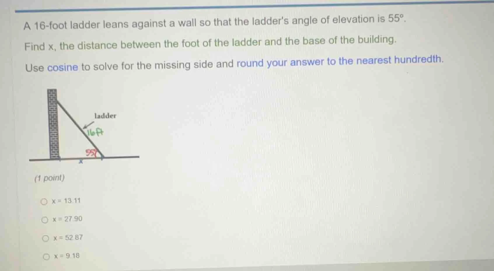 a 16-foot ladder leans against a wall so that the ladders angle of elev…