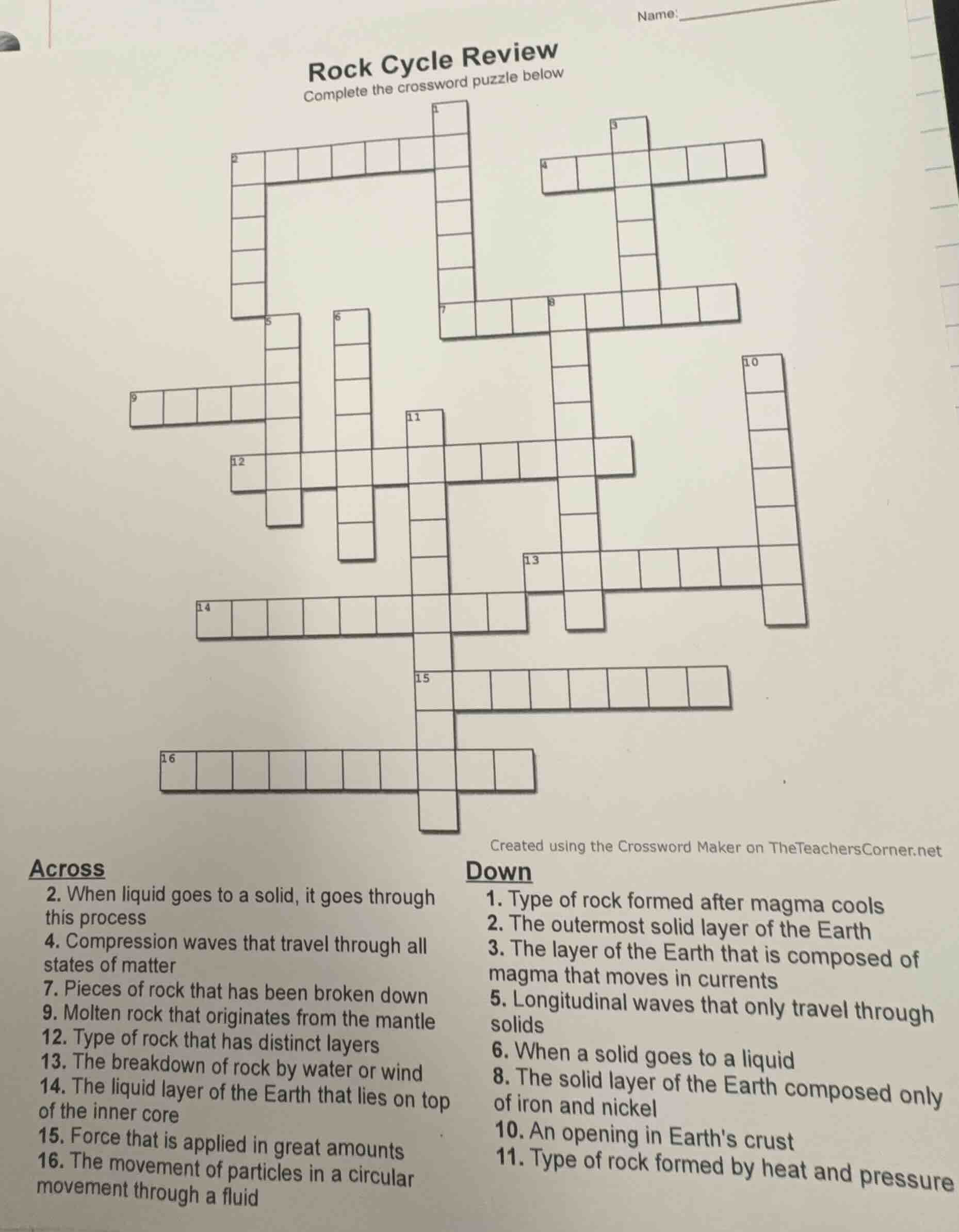 rock cycle review complete the crossword puzzle below created using the…