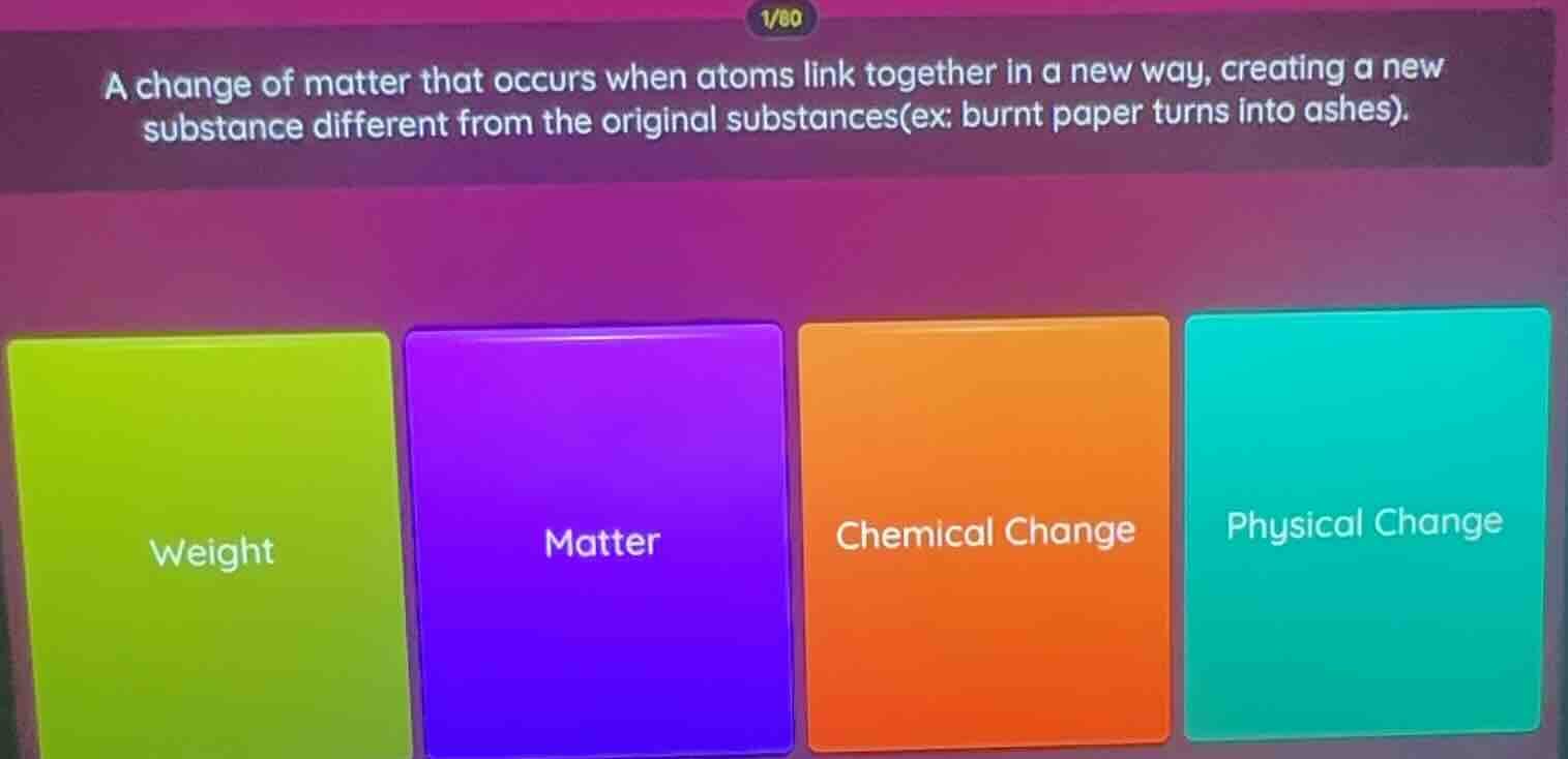 a change of matter that occurs when atoms link together in a new way, c…