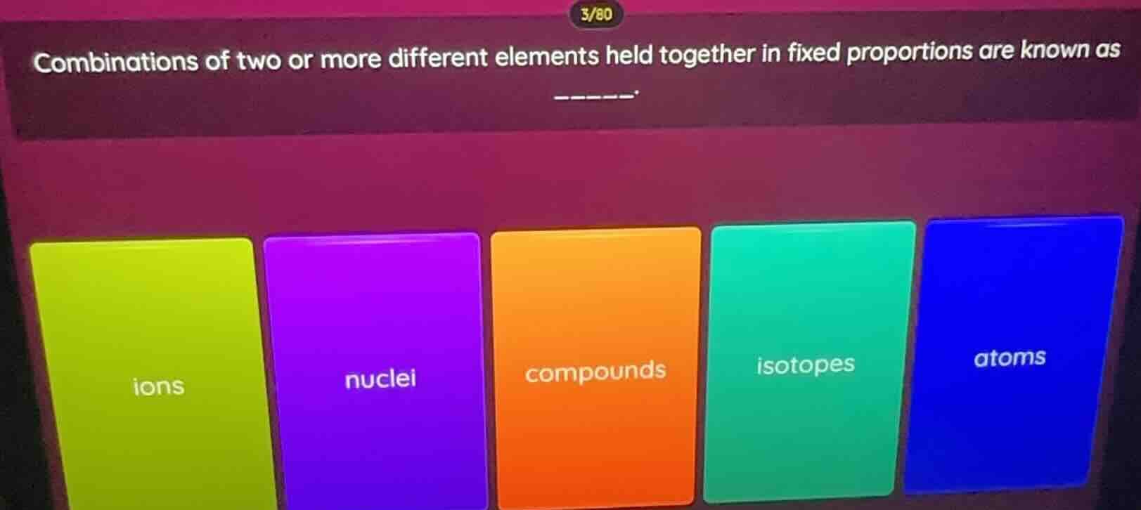 combinations of two or more different elements held together in fixed p…