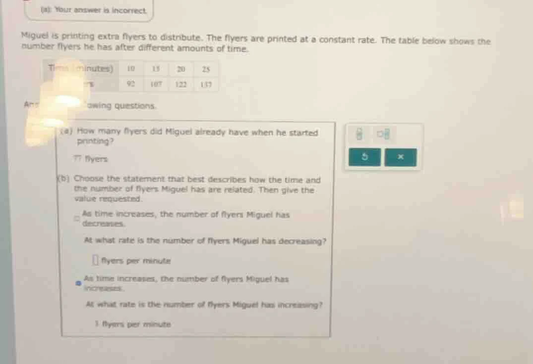 (a) your answer is incorrect. miguel is printing extra flyers to distri…