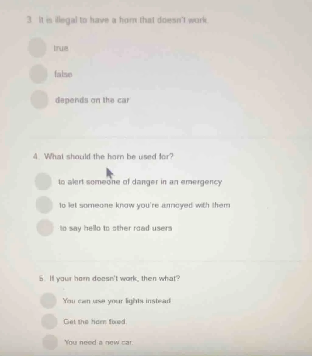 3 it is illegal to have a horn that doesnt work. true false depends on …