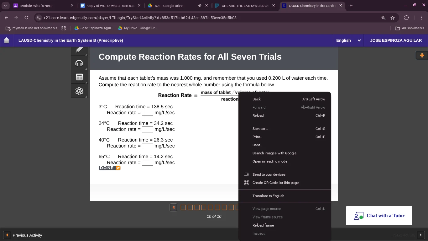compute reaction rates for all seven trials assume that each tablets ma…