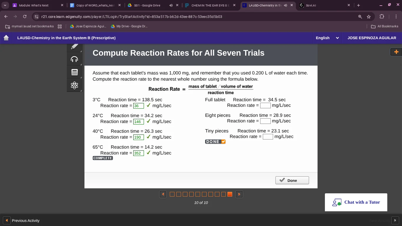 compute reaction rates for all seven trials assume that each tablets ma…