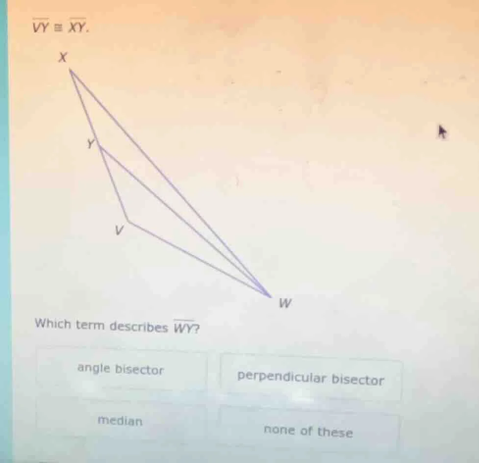 $overline{vy} cong overline{xy}$. which term describes $overline{wy}$? …