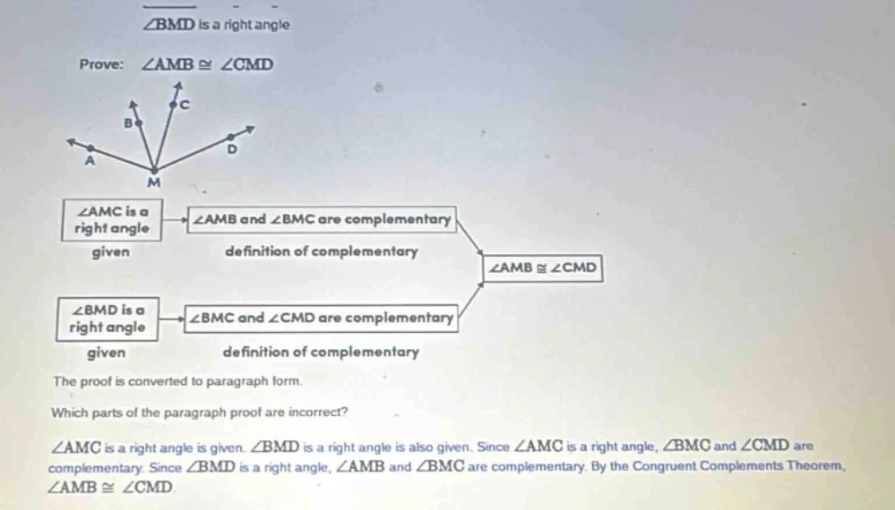 ∠bmd is a right angle prove: ∠amb ≅ ∠cmd the proof is converted to para…
