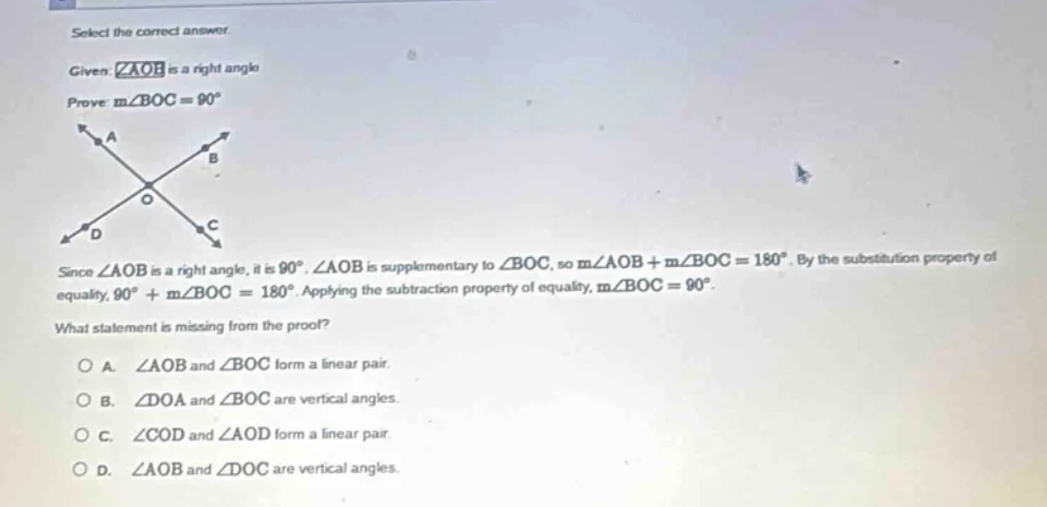 select the correct answer. given ∠aob is a right angle prove ( mangle b…