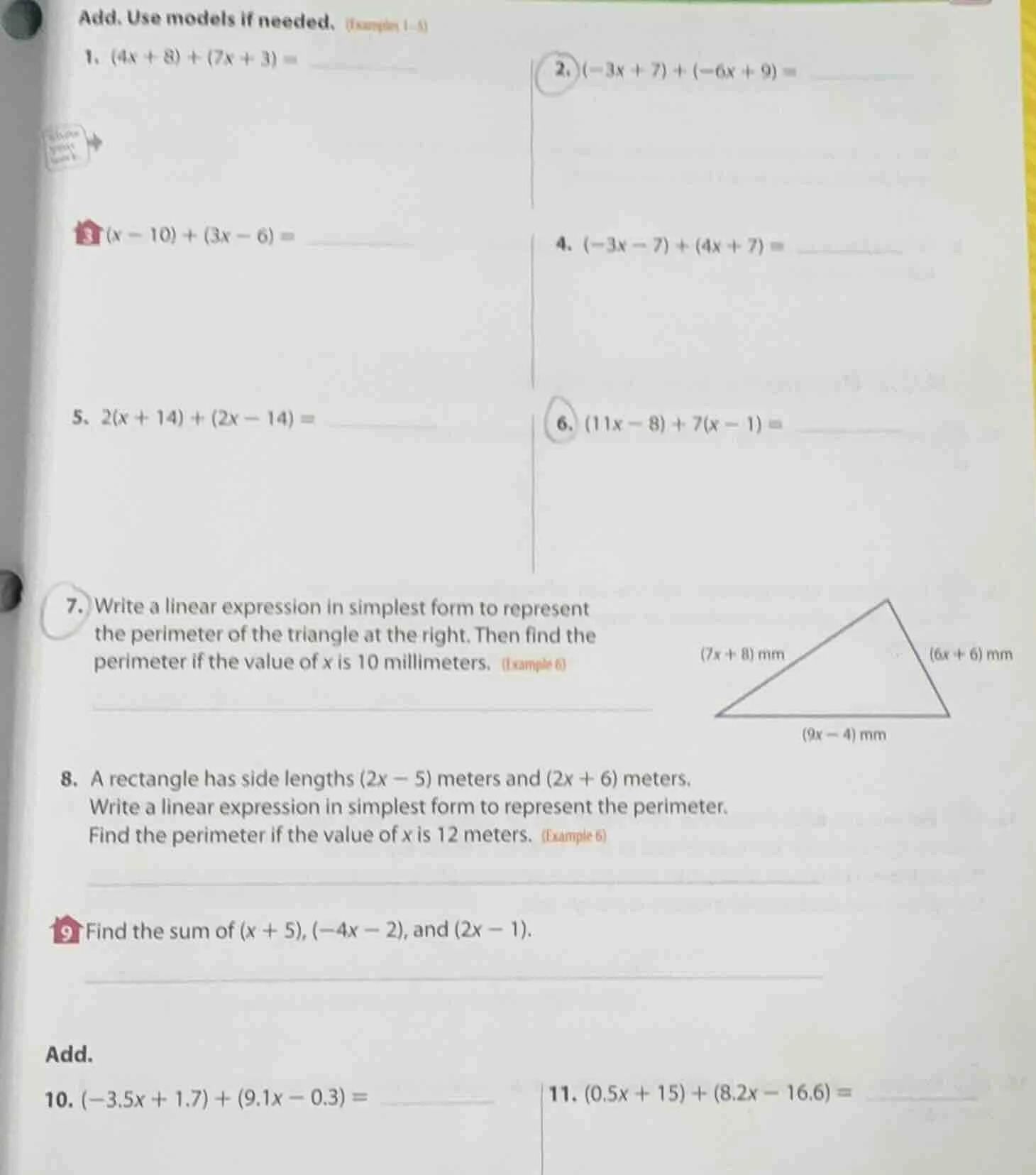 add. use models if needed. (examples 1-5) 1. $(4x + 8) + (7x + 3) = $ 2…