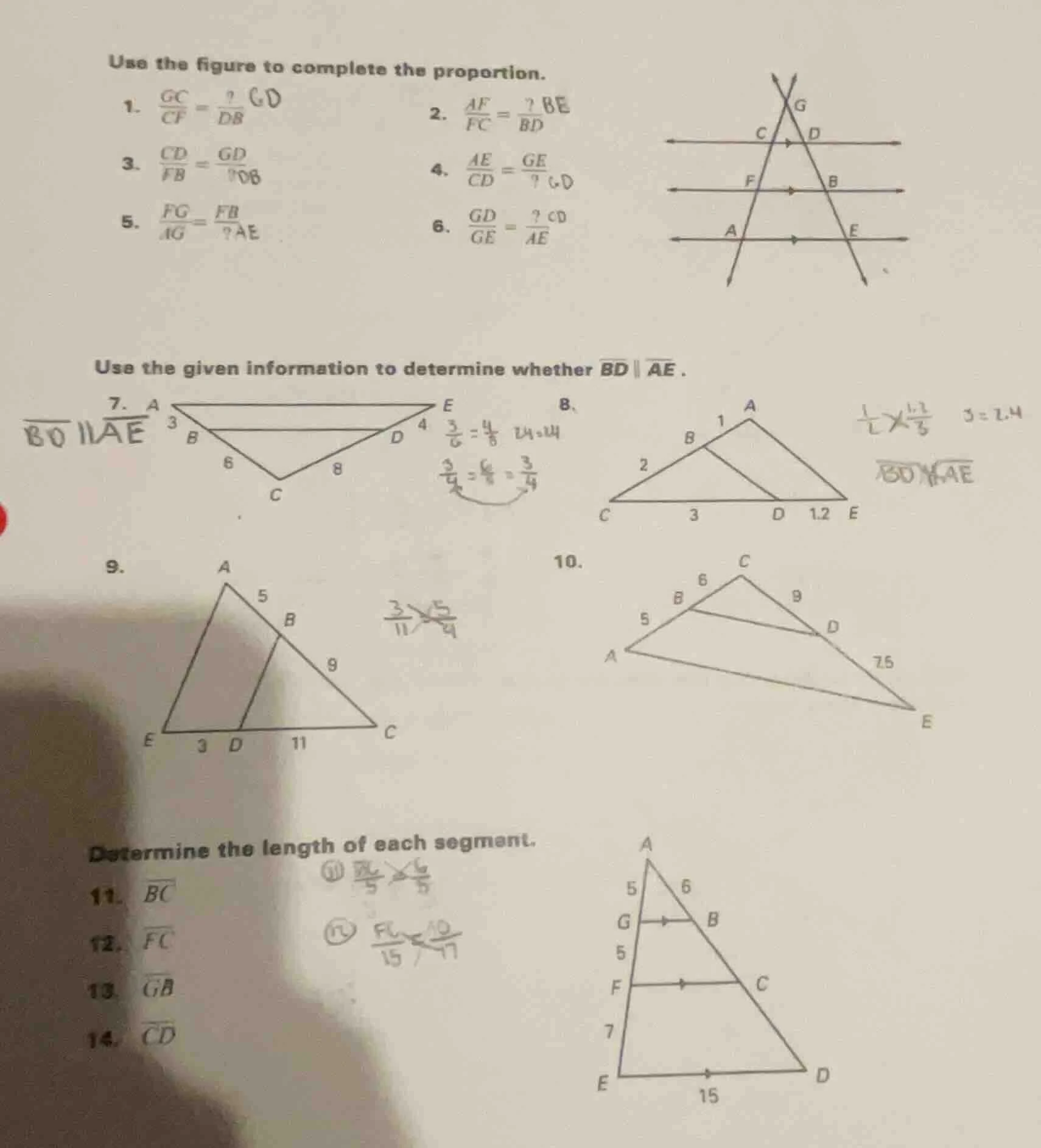 use the figure to complete the proportion. 1. \\(\\frac{gc}{cf} = \\fra…