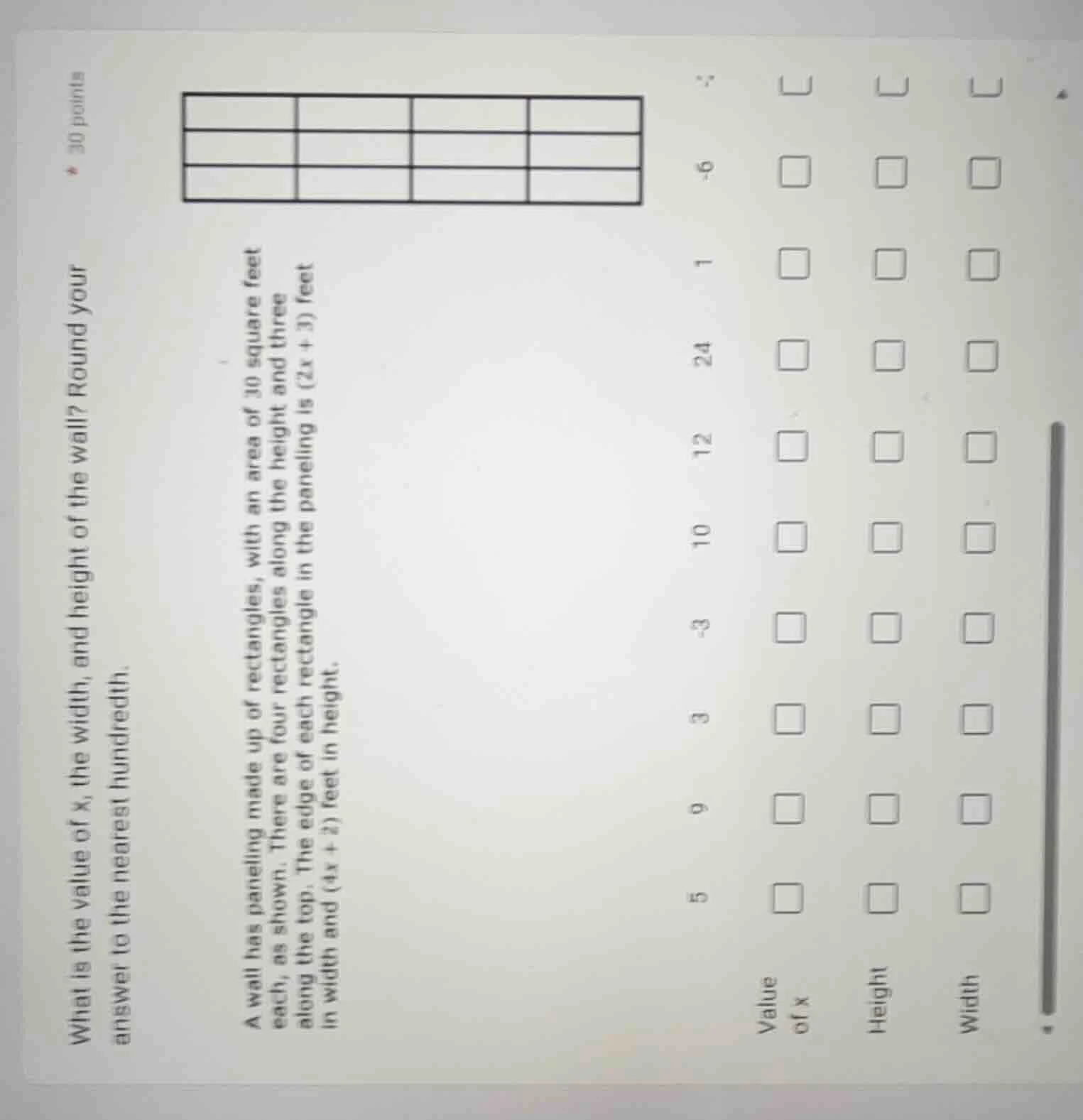 what is the value of x, the width, and height of the wall? round your a…