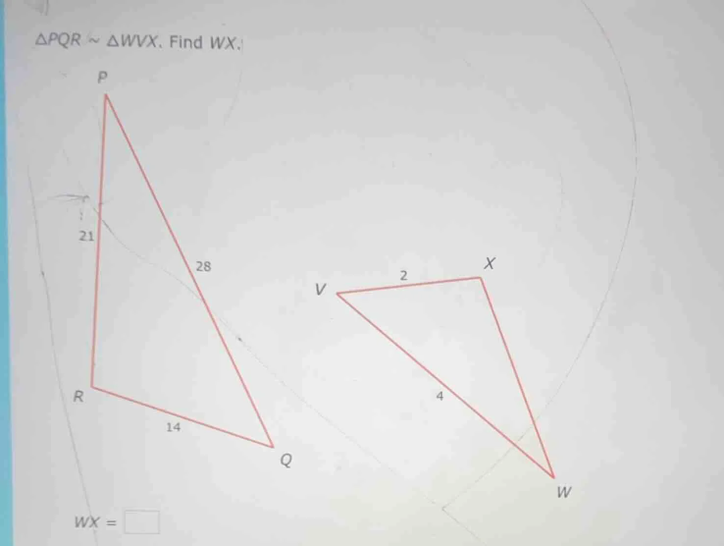 $\\triangle pqr \\sim \\triangle wvx$. find $wx$.