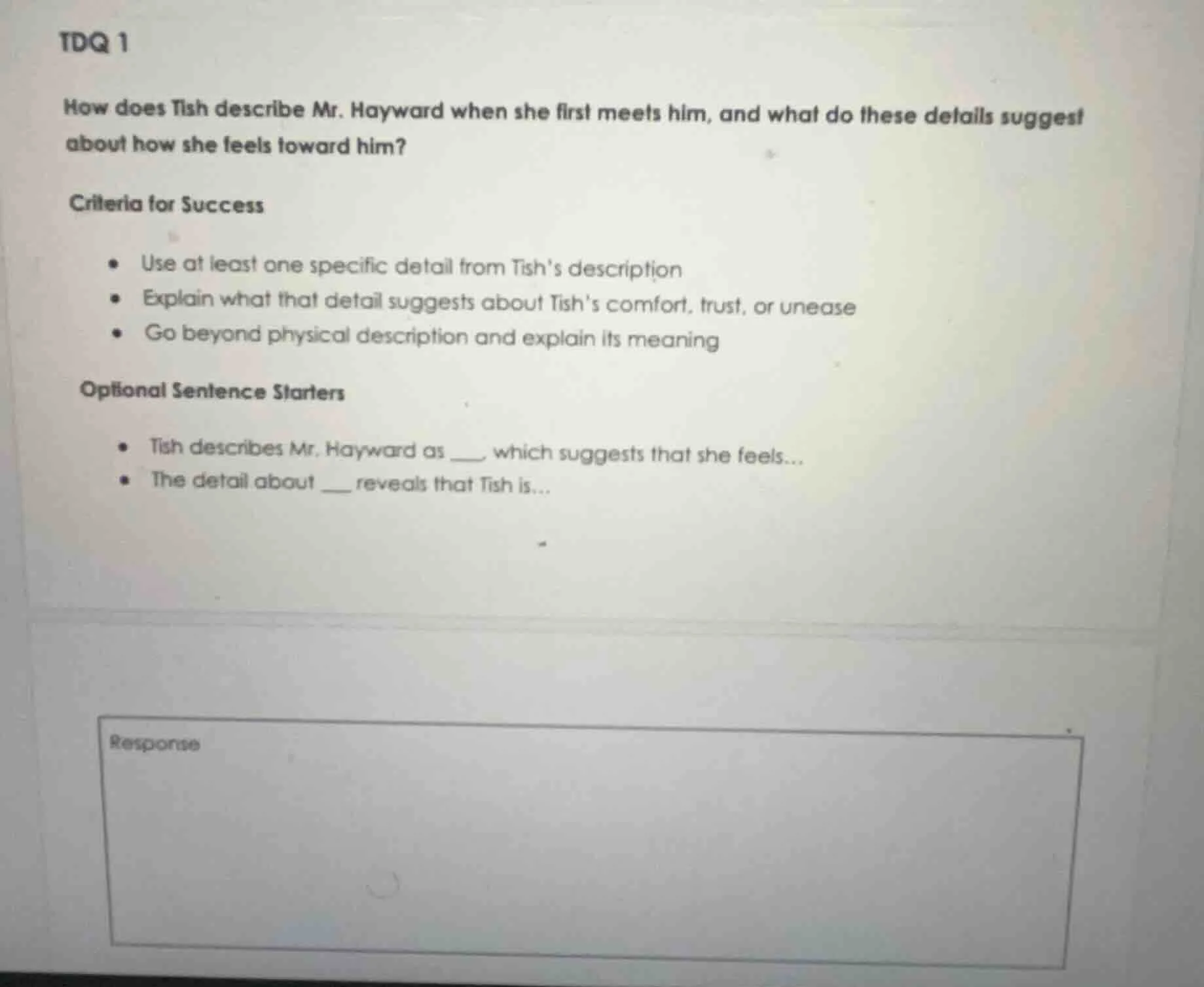 tdq 1 how does tish describe mr. hayward when she first meets him, and …