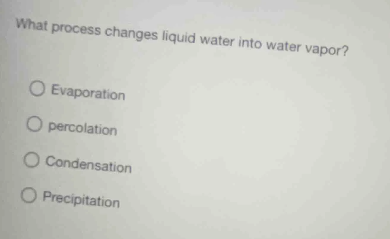 what process changes liquid water into water vapor? ○ evaporation ○ per…