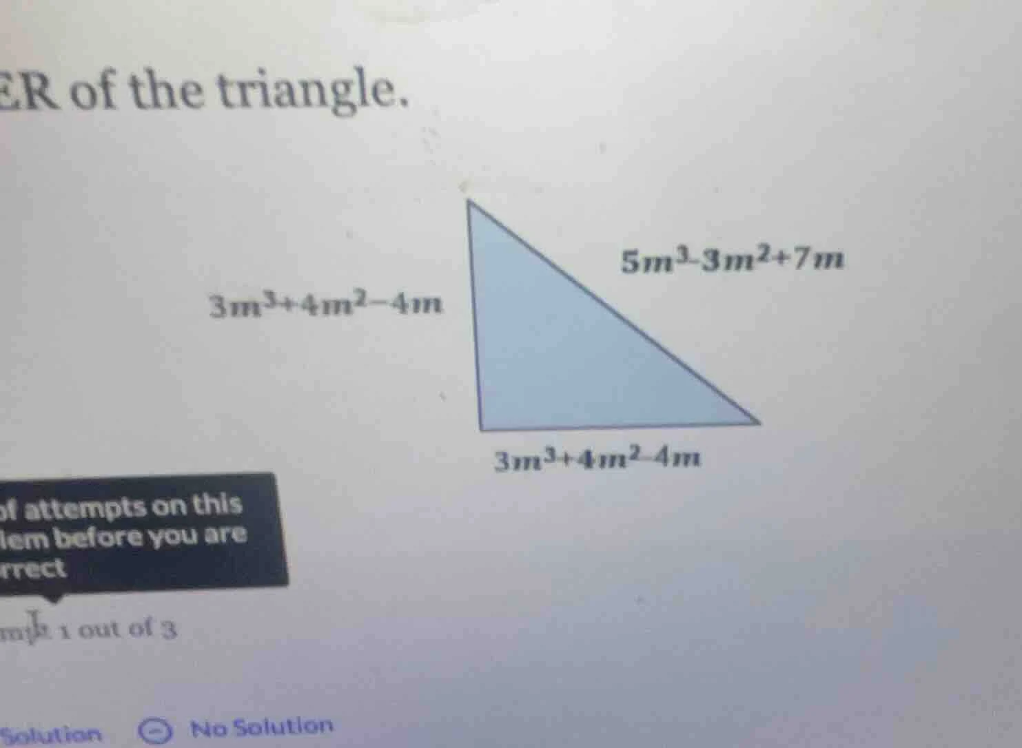 er of the triangle. $3m^3 + 4m^2 - 4m$ $5m^3 - 3m^2 + 7m$ $3m^3 + 4m^2 …