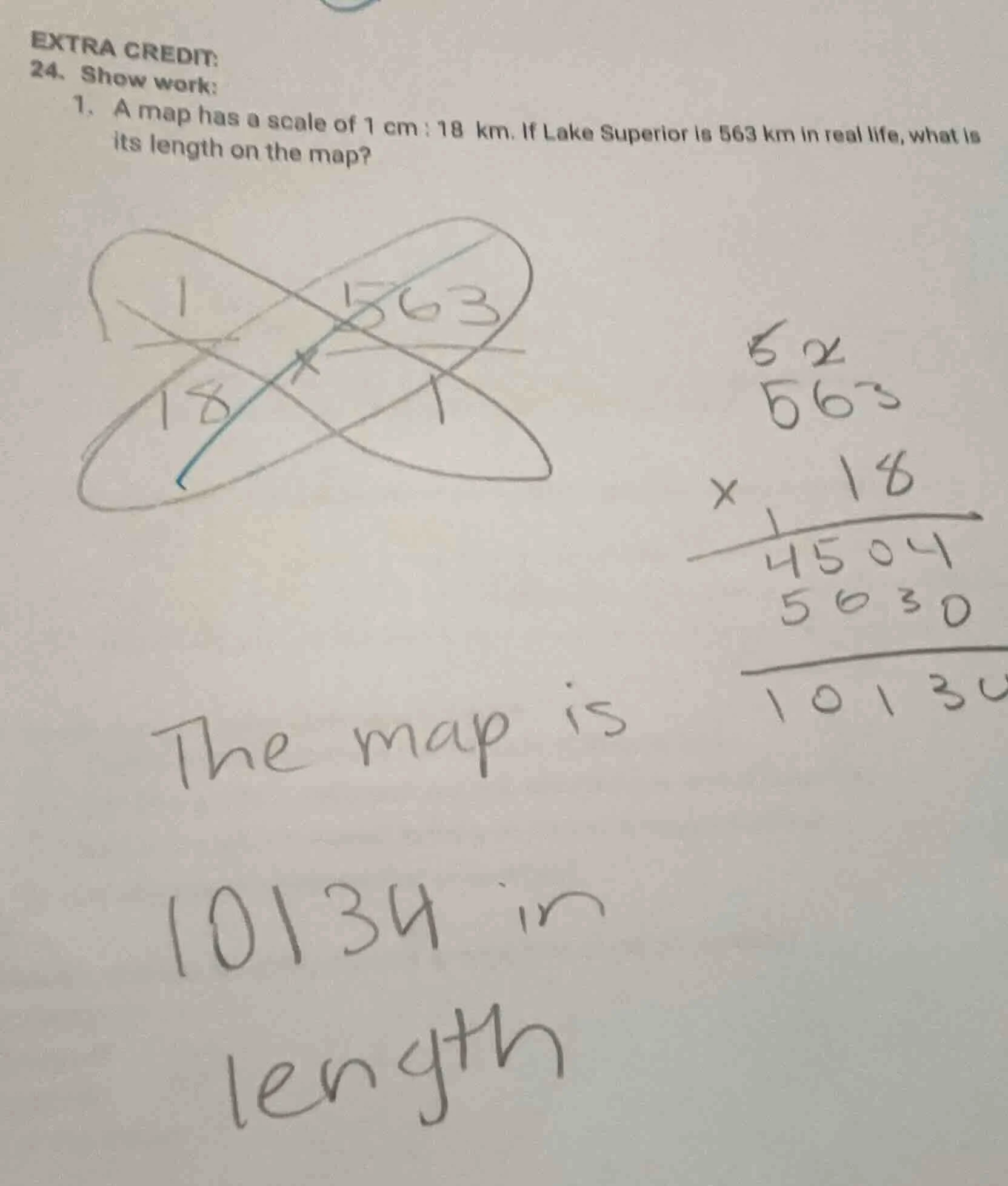 extra credit: 24. show work: 1. a map has a scale of 1 cm : 18 km. if l…