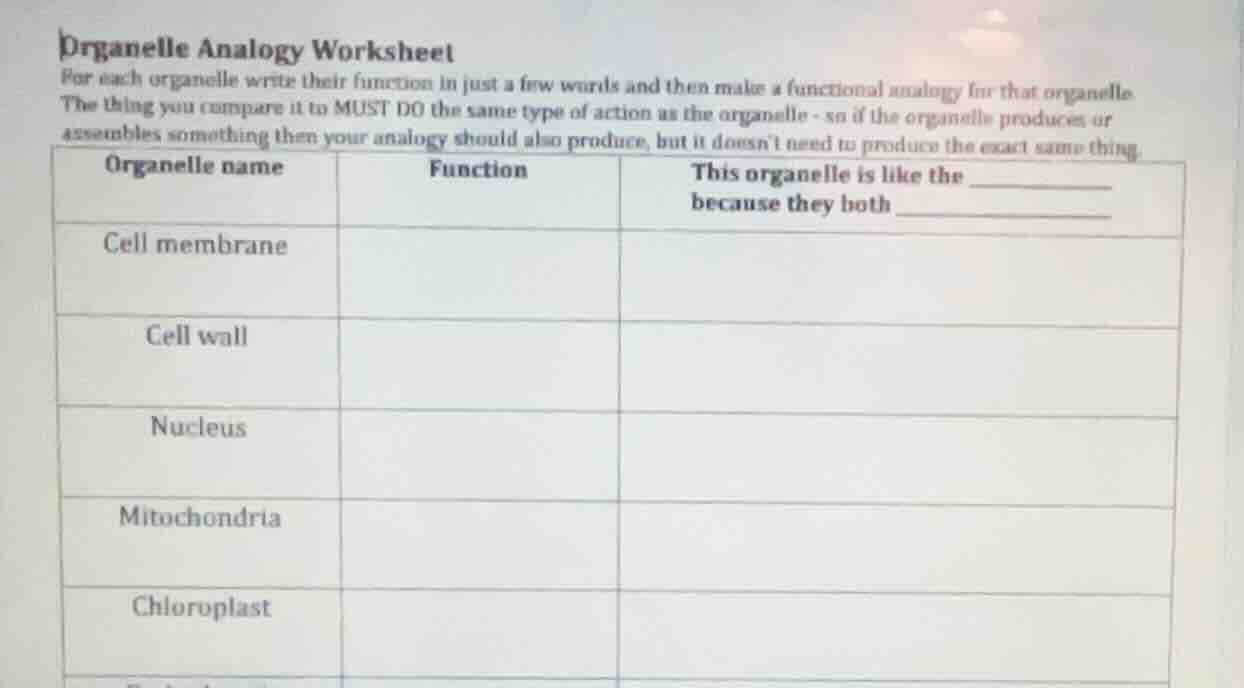 organelle analogy worksheet for each organelle write their function in …