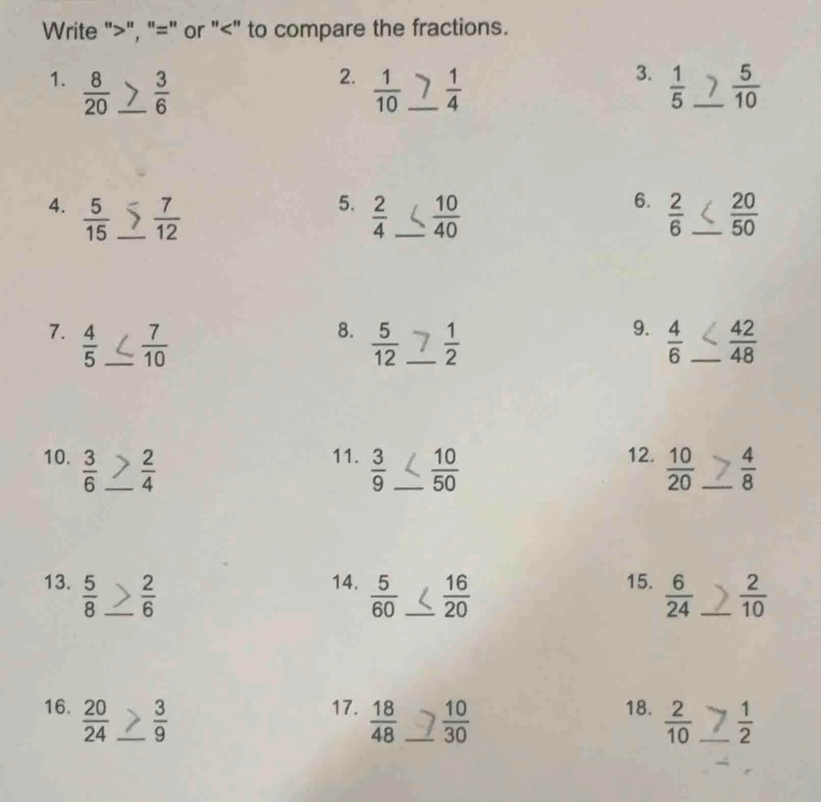 write \>\ , \=\ or \<\ to compare the fractions. 1. \\(\\frac{8}{20}\\)…