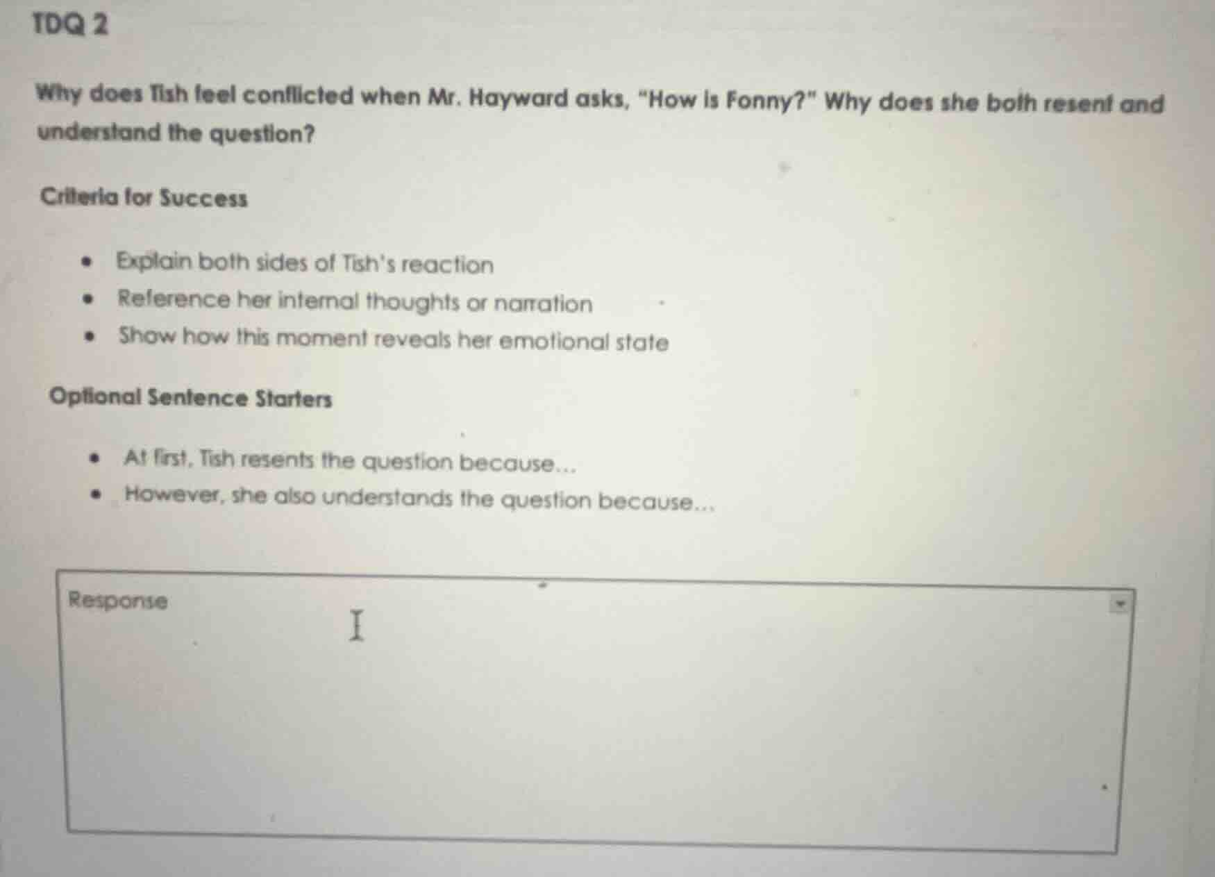 tdq 2 why does tish feel conflicted when mr. hayward asks, \how is fonn…