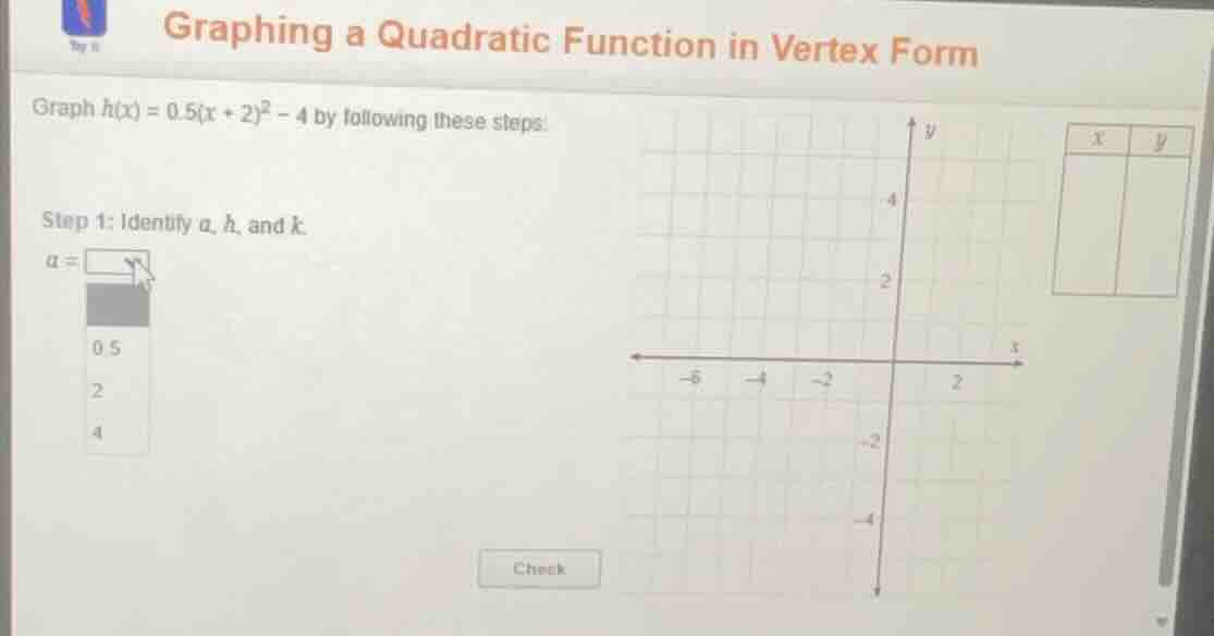 graphing a quadratic function in vertex form graph ( h(x) = 0.5(x + 2)^…