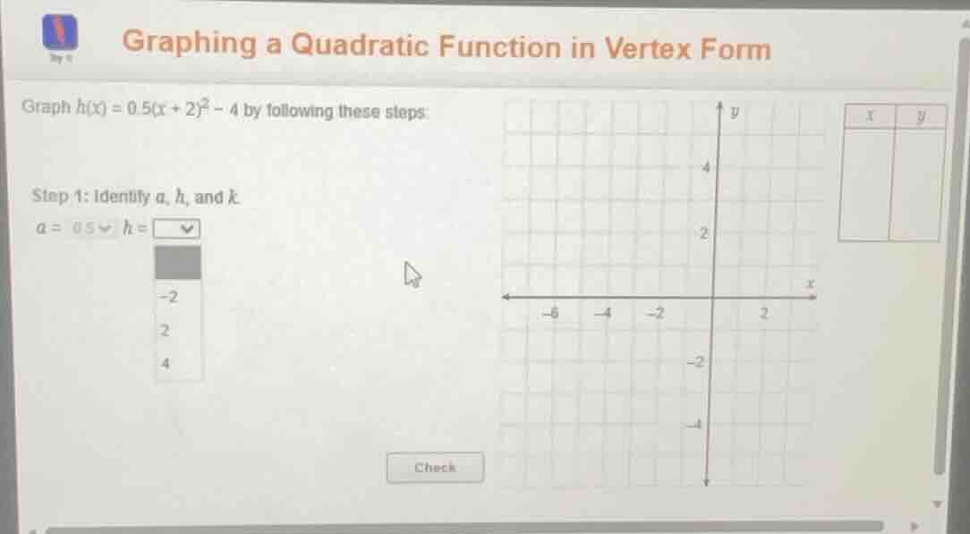 graphing a quadratic function in vertex form graph ( h(x) = 0.5(x + 2)^…