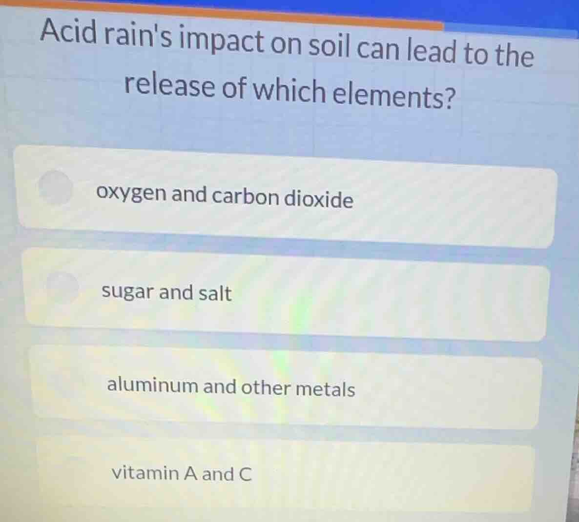 acid rains impact on soil can lead to the release of which elements? ox…
