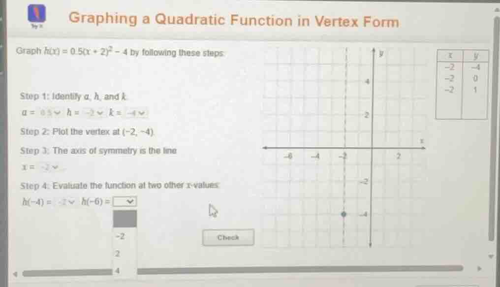 graphing a quadratic function in vertex form graph ( h(x) = 0.5(x + 2)^…