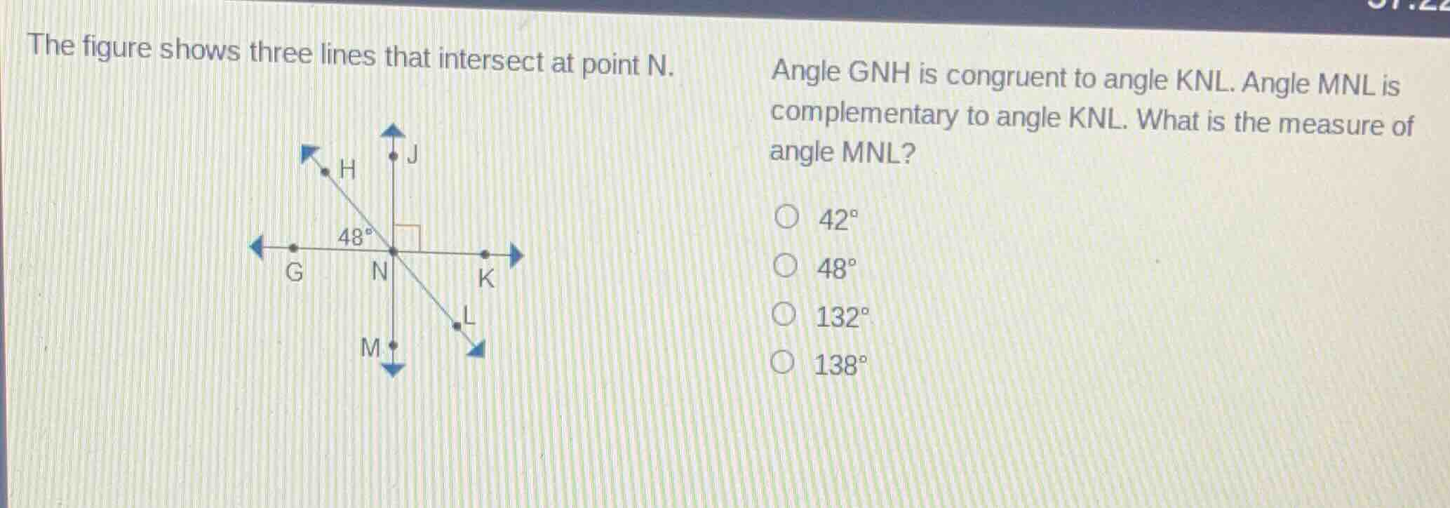 the figure shows three lines that intersect at point n. angle gnh is co…