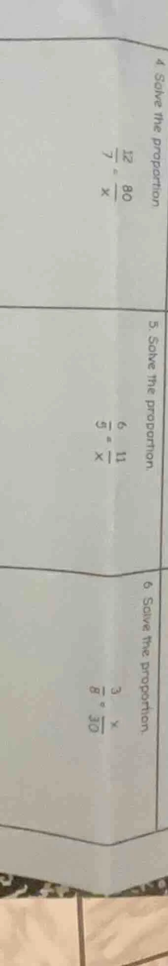 4 solve the proportion \\(\frac{12}{7} = \frac{80}{x}\\) 5. solve the p…