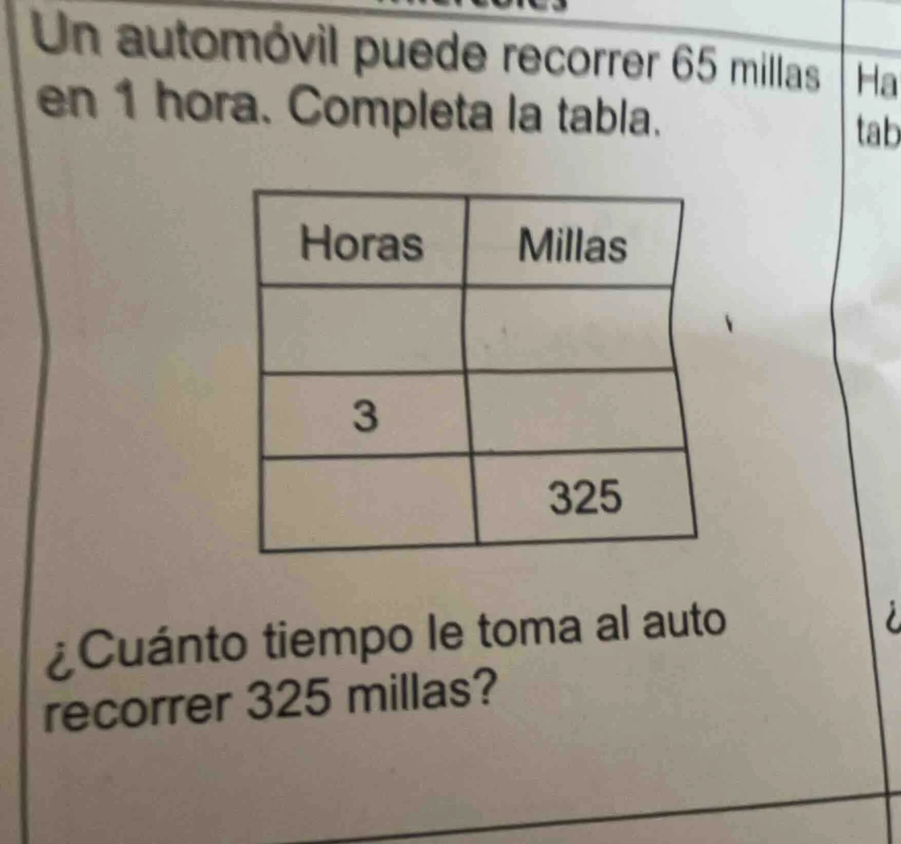 un automóvil puede recorrer 65 millas en 1 hora. completa la tabla. hor…