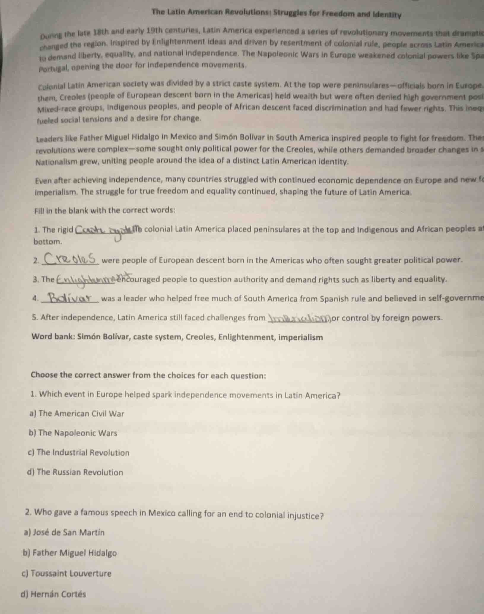 the latin american revolutions: struggles for freedom and identity duri…