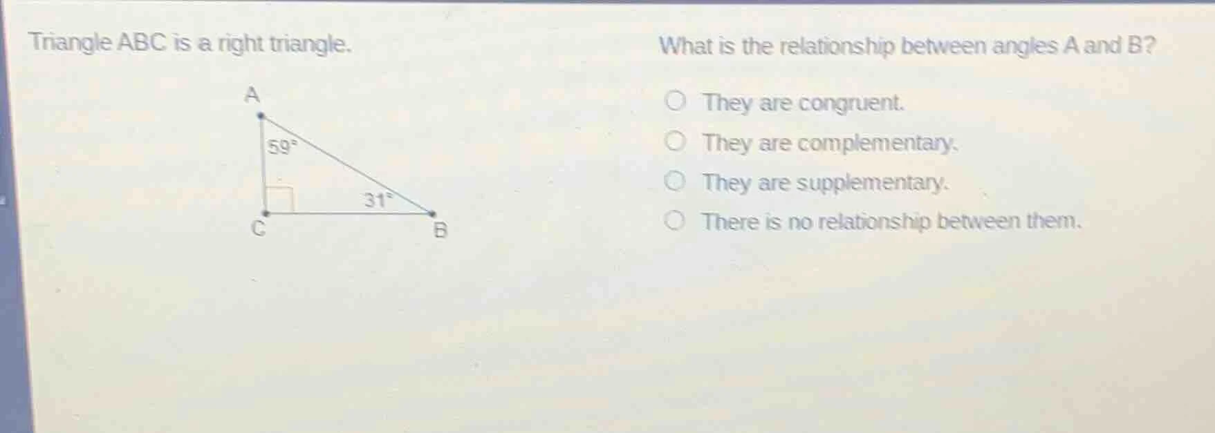 triangle abc is a right triangle. what is the relationship between angl…