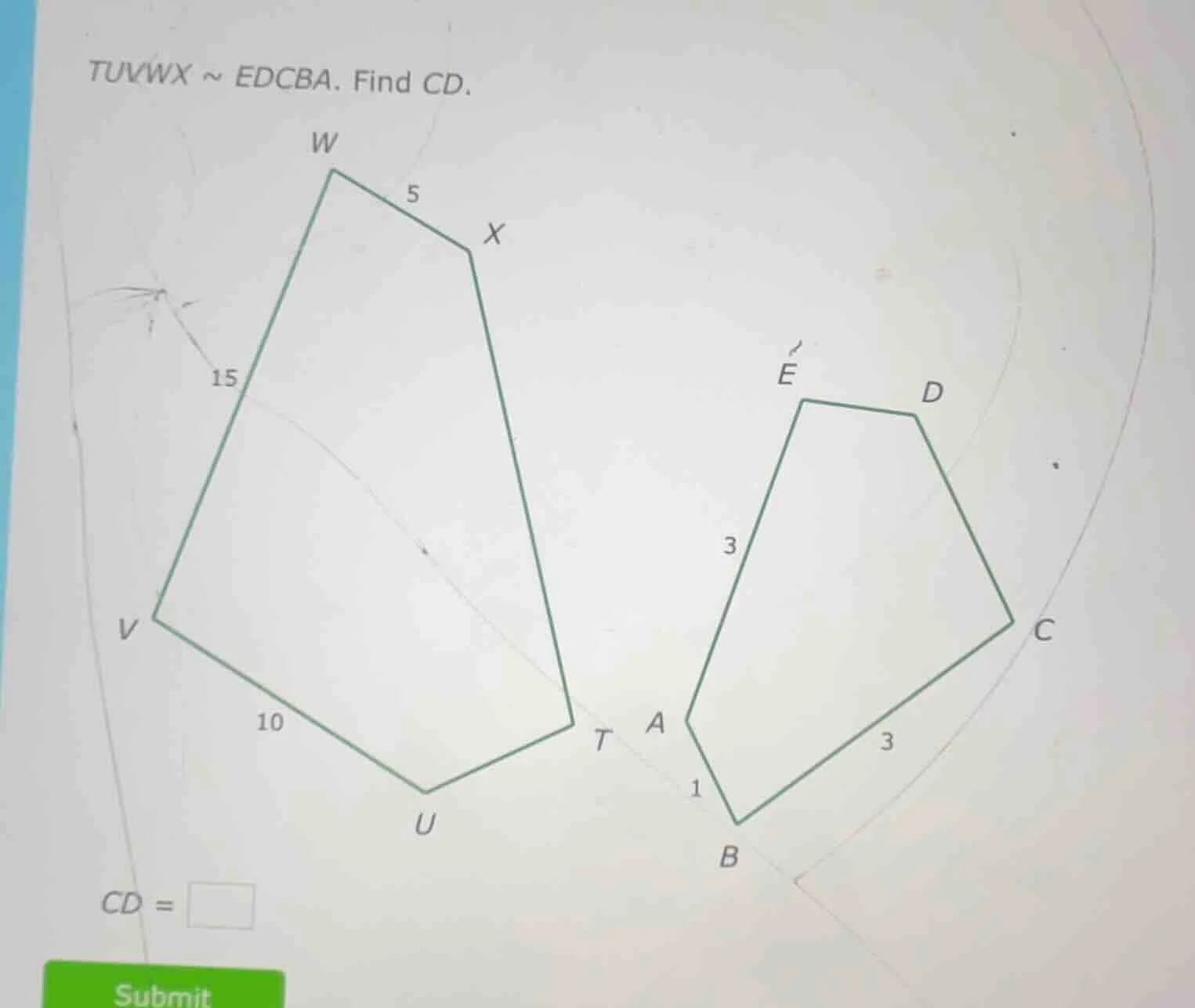 tuvwx ~ edcba. find cd. cd = \\boxed{}