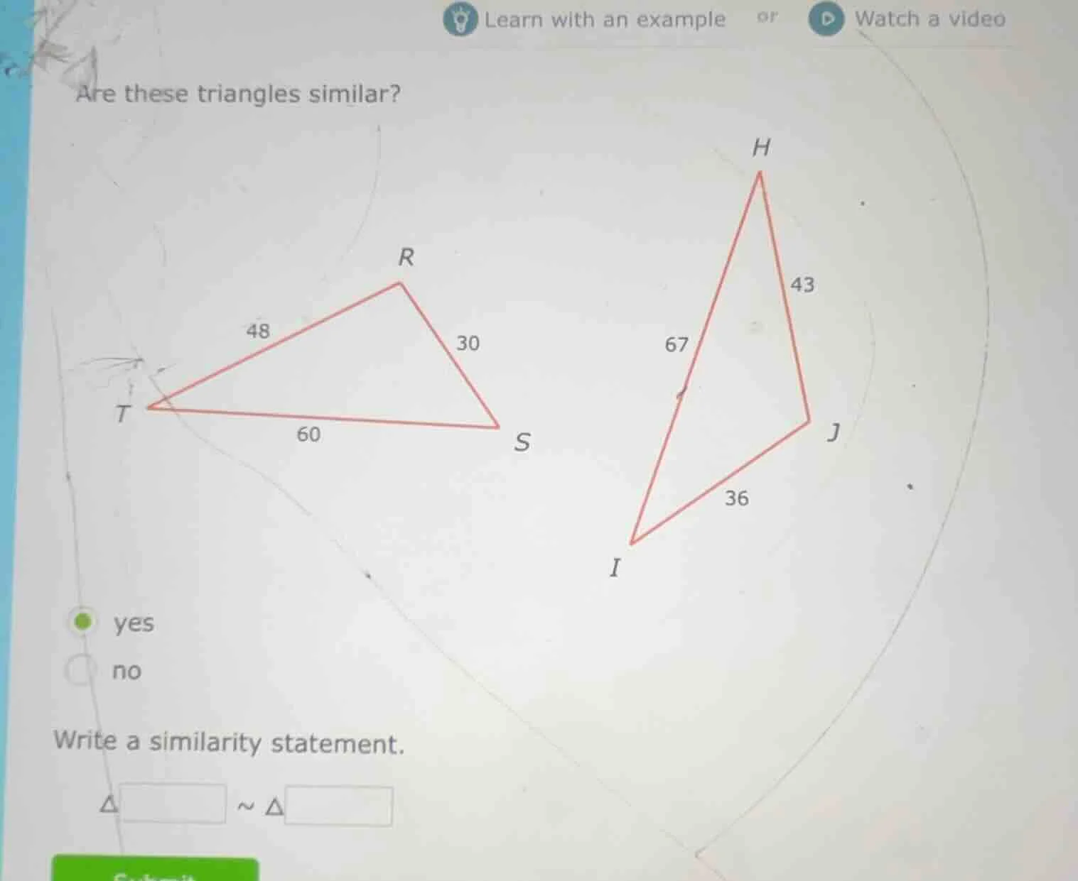 are these triangles similar? write a similarity statement. △□ ~ △□