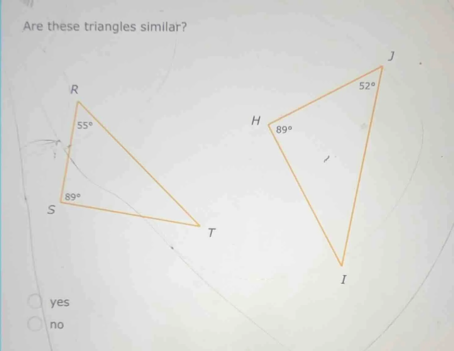 are these triangles similar? (there are two triangles, one with vertice…