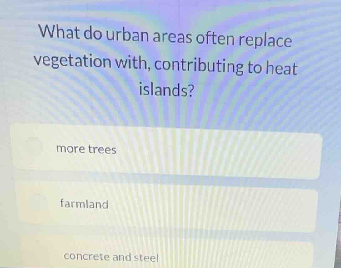 what do urban areas often replace vegetation with, contributing to heat…