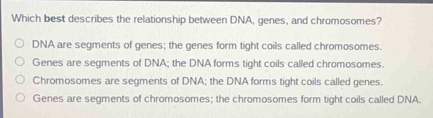 which best describes the relationship between dna, genes, and chromosom…