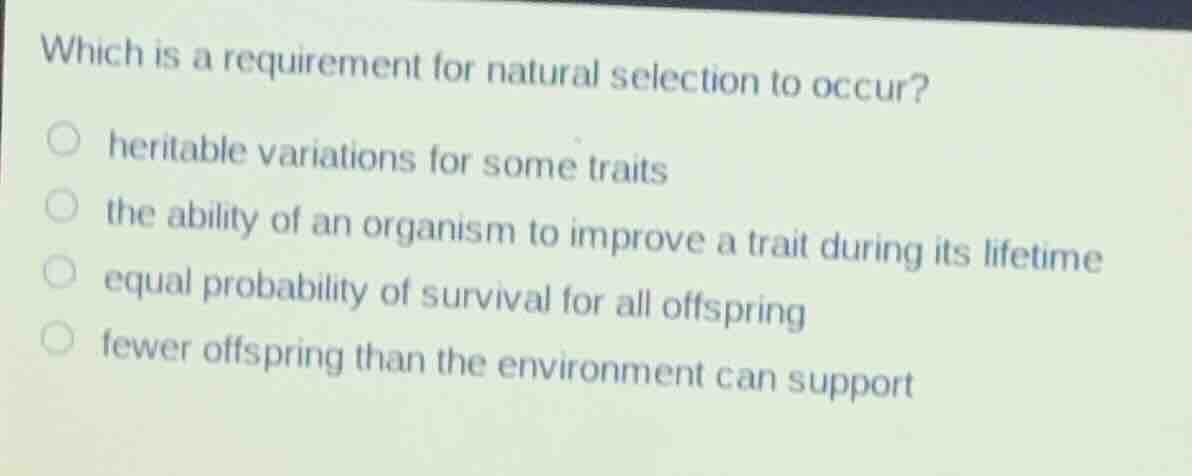 which is a requirement for natural selection to occur? heritable variat…